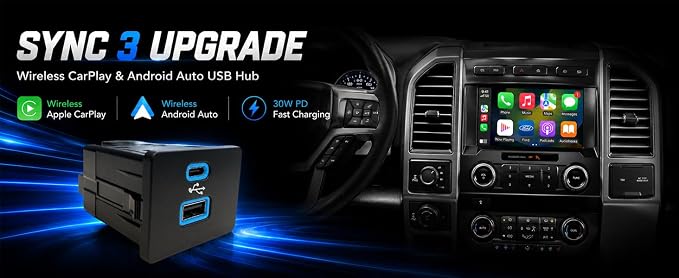 Wireless CarPlay Android Auto USB Hub for Ford Sync 3, Ice Blue | USB 3.1 Type-C, 30W PD Fast Charging，Wireless CarPlay and Android Auto USB Hub