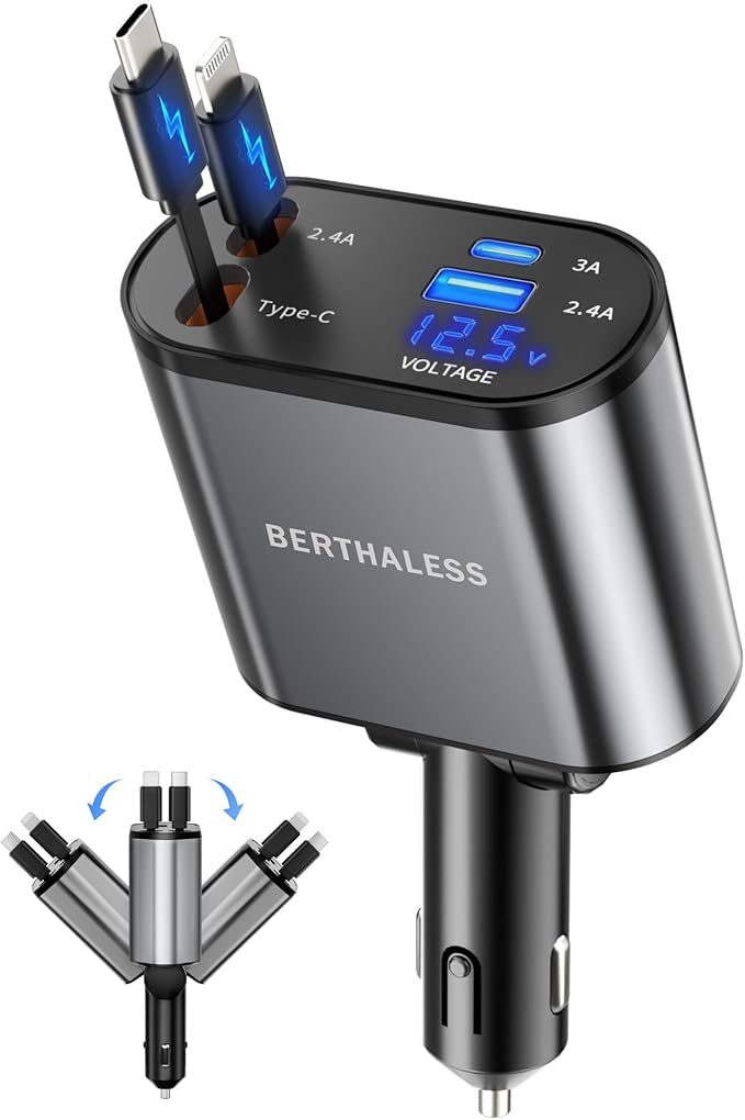 BERTHALESS Retractable Car Charger, 4 in 1 Fast Charging Car Charger with USB-C & USB-A, Compatible with iPhone 17/16/15/14/13/12/11,Galaxy,Pixel,Car Accessories Gifts for Fathers Day,Husband,Men,Dad