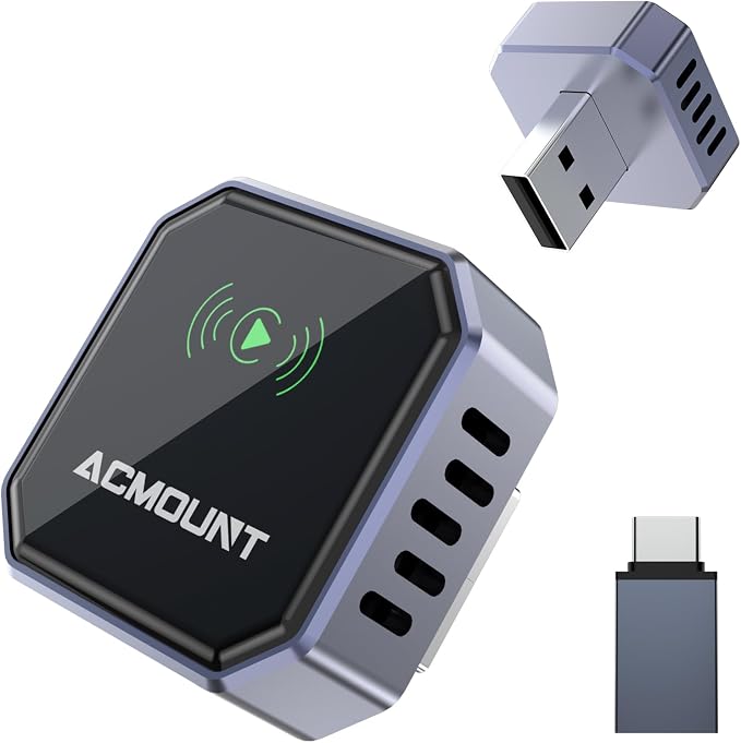 Acmount 2 in 1 Wireless Carplay Adapter & Android Auto 2026 Upgrade Wired CarPlay to Wireless, Fast Auto-Connect, Mini USB Design, Plug & Play Wireless Dongle for iPhone 6+ / Android 11+ (Lead-Gray)