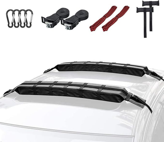 WOOWAVE Premium Kayak Roof Rack Pads Universal Soft Car Roof Rack Carrier for Canoe/Surfboard/Paddleboard/SUP/Snowboard with 6 Tie Down Straps, 2 Tie Down Rope, 2 Quick Loop Strap and Storage Bag