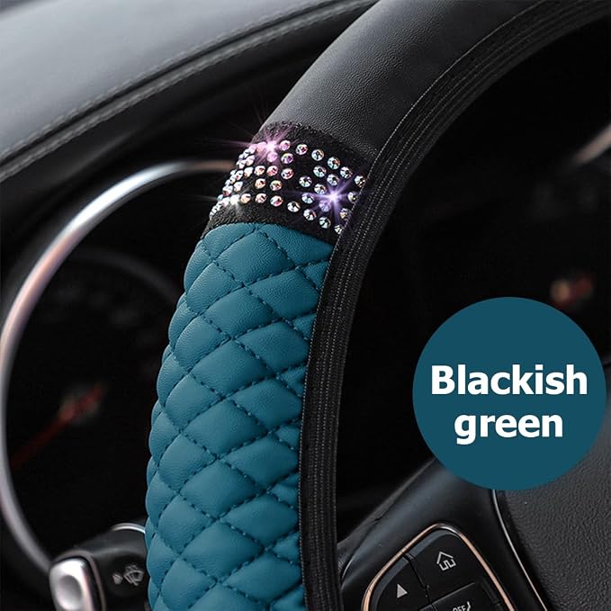 Osilly Bling Car Steering Wheel Cover, 15 Inch Rhinestones Soft Leather Elastic Steering Wheel Protector, Sparkly Crystal Diamond for Women Girls (Black Green)