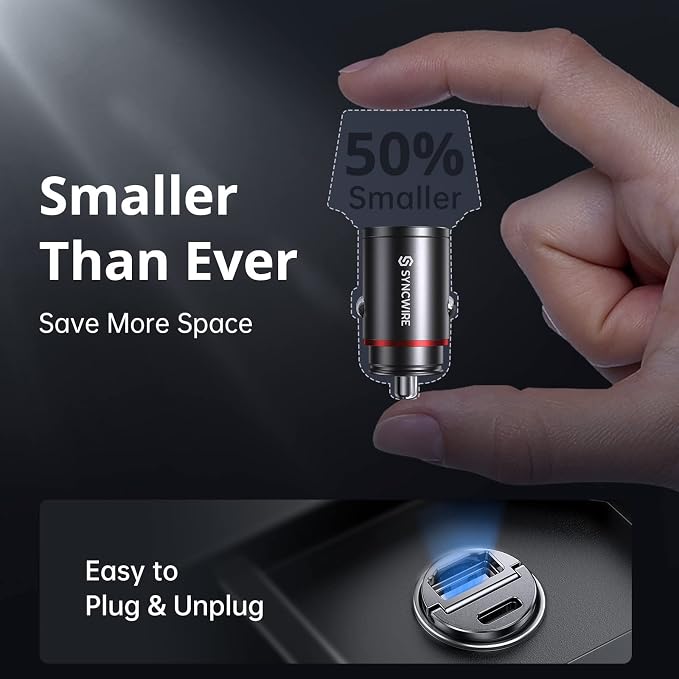 USB C Car Charger Syncwire 60W [PD 30W & QC 30W] USB Car Charger Adapter Fast Charging [Super Mini & All Metal] for iPhone, Samsung, Google Pixel, XiaoMi, Huawei, LG, iPad Road Trip Essentials