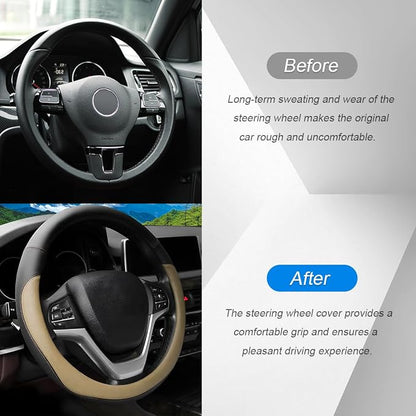 Car Steering Wheel Cover, 14.5"-15" Leather Anti-Slip Sporty Vehicle Steering Wheel Protector, Soft Breathable Auto Interior Decoration Accessories, Universal for SUV Truck Sedan (Beige)