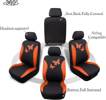 Flying Banner Butterfly car seat Covers ful Set Fashion Universal Lady Woman Female Rear Bench Split Colorized (Full Set, Orange)