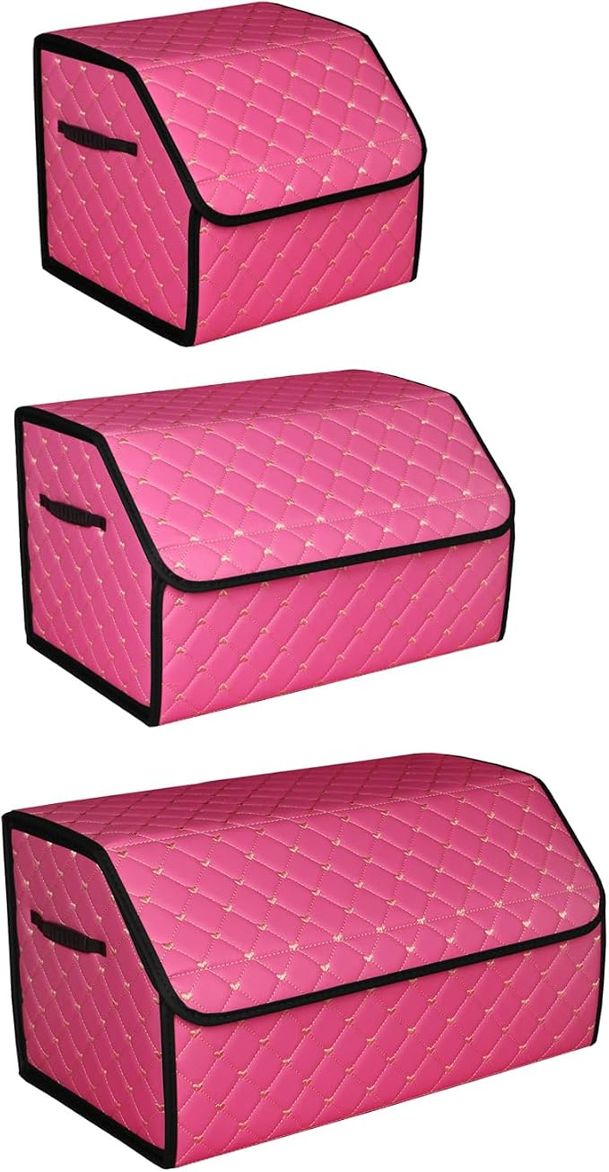 car organizers and storage for SUV,trunk organizer for sedan, leather foldable sleek box with lid,collapsible cargo bins, tool accessories containers,Pink women (21.65 inch)