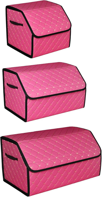 car organizers and storage for SUV,trunk organizer for sedan, leather foldable sleek box with lid,collapsible cargo bins, tool accessories containers,Pink women (21.65 inch)