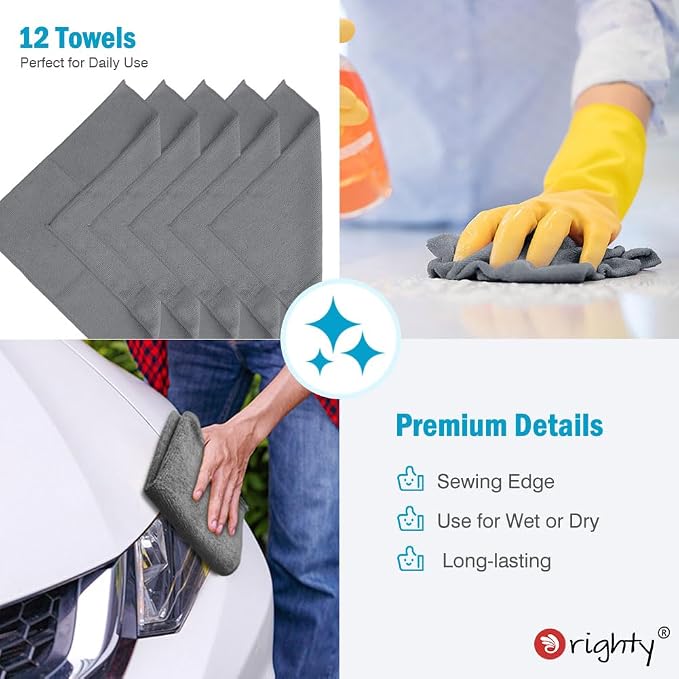 Orighty Microfiber Cleaning Cloth, 12 Pack Microfiber Towels for Cars, Highly Absorbent Car Cleaning Supplies, Lint Free Cloths Clean Rags for Car Care, House, Kitchen, 12x11 inch, Grey