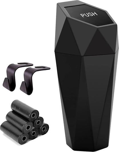 Ginsco Car Trash Can Cup Holder, Mini Car Trash Can with Lid, Car Accessories for Interior, Leakproof Small Trash Cup for Car, Home, Office, Bedroom with Additional 2 Hooks and 90pcs Trash Bags Black