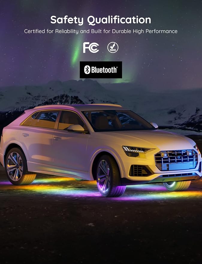Govee Underglow Car Lights, 4pcs RGBIC Smart LED Lights for Cars with 16 Million Colors and 10 Scene Modes, App Control, Neon Accent Strip Lights for SUVs, Trucks, DC 12-24V