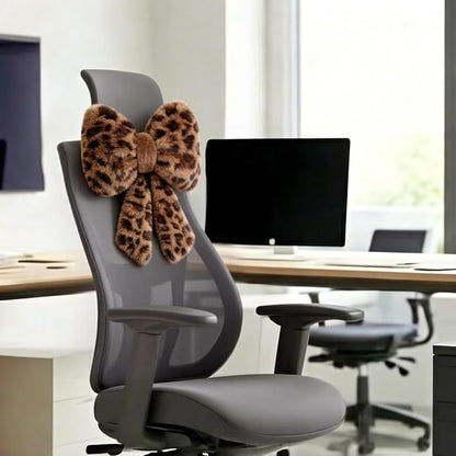Sexysamba 2 Pcs Plush Bow Car Headrest Neck Pillow Cute Bow Pillow for Car Seat Décor Soft Neck Support for Comfortable Driving Traveling Office Fluffy Head Rest Cushion, Leopard Print
