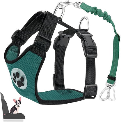 Lukovee Dog Car Harness Seat Belt, Adjustable Mesh Breathable Vest with Elastic Bungee Tether, Soft Padded 2-in-1 Safety Car Harness Seatbelt for Small Medium Large Dogs (Green,L)