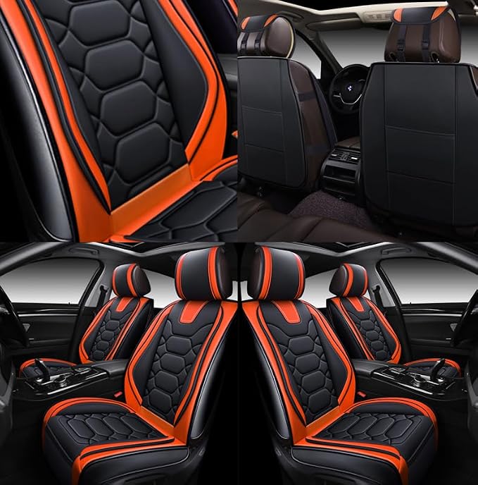 OASIS AUTO Car Seat Covers Front Seats, Sporty Honeycomb Waterproof Faux Leather Protectors, Universal Fit for SUV, Sedan, Truck Interior Accessories (OS-004 Black&Orange)
