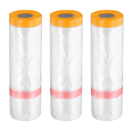 HARFINGTON 3 Rolls Pre-Taped Masking Film 126" x65.6ft Double Adhesive Tape and Drape Painters Plastic Drop Cloth Film with Tape Plastic Sheeting for Automotive Painting Covering