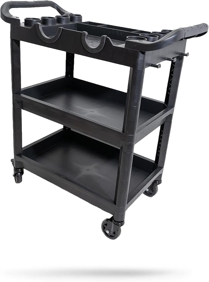 Adam's Polishes Premium Detail Cart - Car Detailing Cart 3-Tiered Shelves 250 Pound Per Shelf Capacity - Heavy Duty Casters Rolling Cart, Features Bottle Holders, Cutouts, & Pegs for Organization