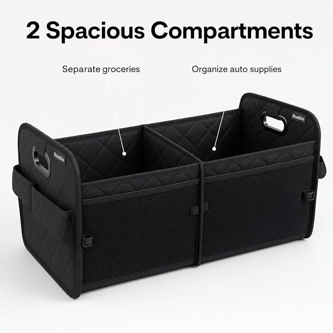 Car Organizer Caddy Oxford Quilted Trunk Organizer, Waterproof Storage Tote with Handles for Front Seat, Backseat, SUV, Truck, Van, Black