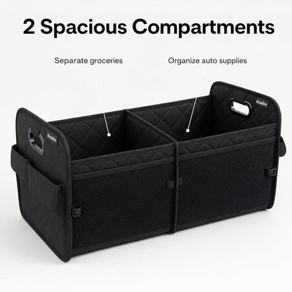 Car Organizer Caddy Oxford Quilted Trunk Organizer, Waterproof Storage Tote with Handles for Front Seat, Backseat, SUV, Truck, Van, Black