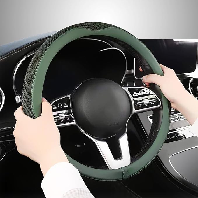 LKWLIKEI Car Steering Wheel Cover, Universal 15 inch, the Latest Microfiber Leather Breathable Technology Fabric, Non-Slip, Comfortable, Warm in Winter and Cool in Summer, Green