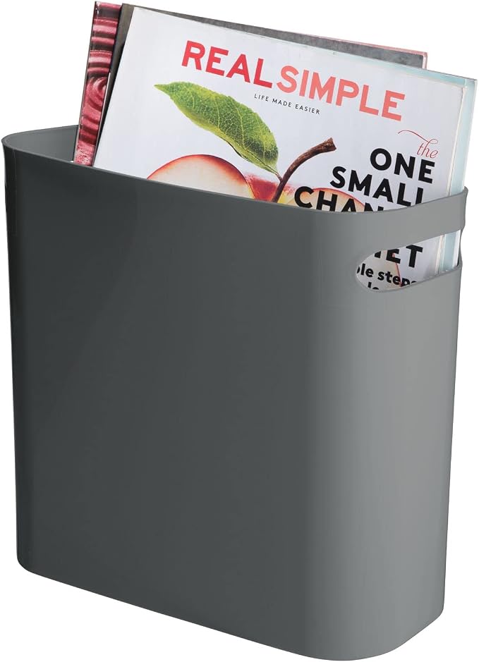 mDesign Plastic Small Trash Can, 1.5 Gallon/5.7-Liter Wastebasket, Narrow Garbage Bin with Handles for Bathroom, Laundry, Home Office - Holds Waste, Recycling, 10" High, Aura Collection, Charcoal Gray