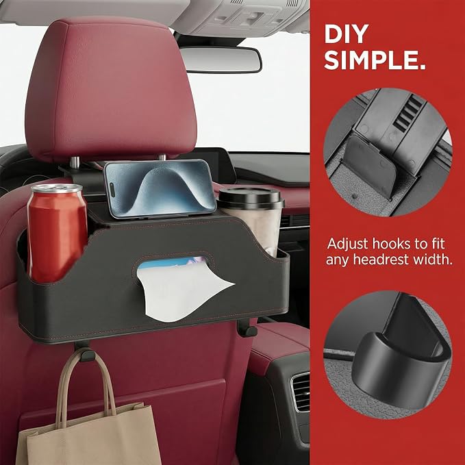 Car Backseat Headrest Organizer, Multifunctional 4-in-1 Back Seat Tissue Box with Cup Holders Hooks, Auto Seat Back Storage Organizer for Hold Phones, Drinks, Bags, Universal Fit (Black)