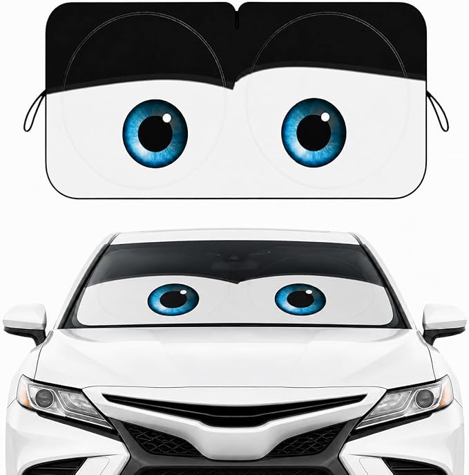 Car Windshield Sun Shade, Funny Cartoon Eyes Car Sun Shade, UV Heat Protection Windshield Cover Universal Fits Mid-Large Sedan SUV Crossover Family Vehicle - 63 x 31.5