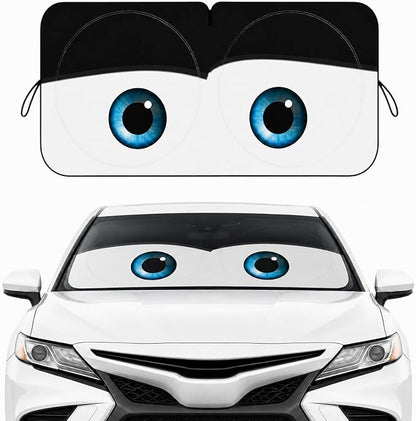 Car Windshield Sun Shade, Funny Cartoon Eyes Car Sun Shade, UV Heat Protection Windshield Cover Universal Fits Mid-Large Sedan SUV Crossover Family Vehicle - 63 x 31.5