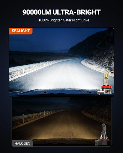 SEALIGHT 9005/HB3 H11/H9/H8 LED Bulbs Combo, 90000LM 10X Brighter than Original Bulb, 6500K Daylight White, 25000RPM Cooling Fan Light Bulbs with 70000Hrs Lifespan, Pack of 4