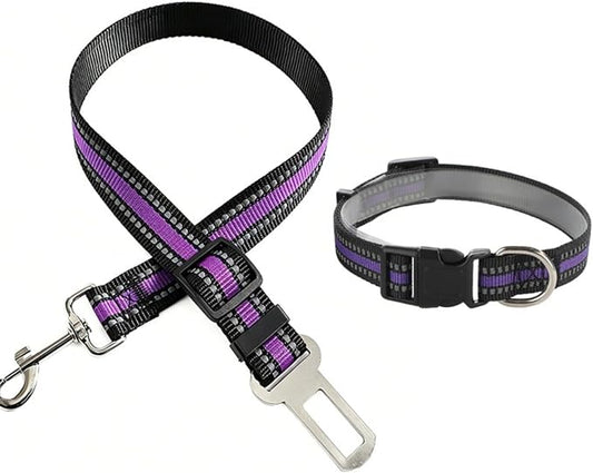 Reflective Nylon Pet Car Safety Set, Adjustable Dog Collar + Seatbelt, Travel Safety Kit for Dogs & Cats