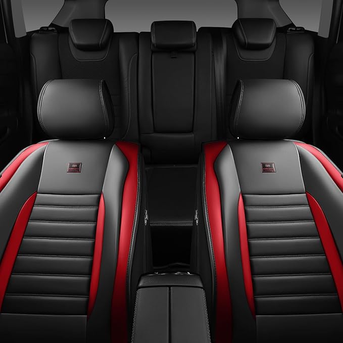 CAR PASS Nappa Leather Car Seat Covers Front Seats, Luxury Seat Protector for Cars, Waterproof Anti-Slip Seat Cushion Armrest Compatible Airbag Universal for Sedan SUV Pick-up Truck Auto, Black Red