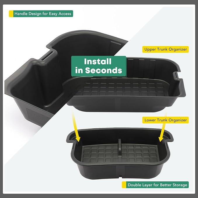 YHTAUTO Rear Trunk Organizer Compatible with Tesla Model Y 2020-2024 (For 5-Seater Only) Accessories, Waterproof Trunk Storage Bins Organizer Upper & Lower Dual Layer Rear Trunk Storage Box - Black