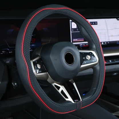 Mayco Bell Flat Bottom Steering Wheel Cover Anti-Slip,Safety,Soft,Breathable,Durable,Full Surround,Comfortable Grip Microfiber Leather (D-Shape,Black Red)