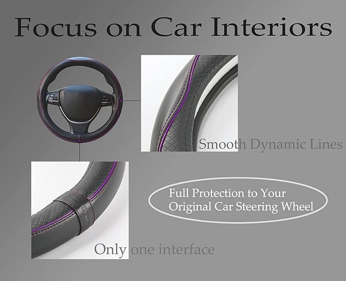 Gomass Car Steering Wheel Cover, Anti-Slip, Safety, Soft, Breathable, Heavy Duty, Thick, Full Surround, Sports Style (Black with Purple line)