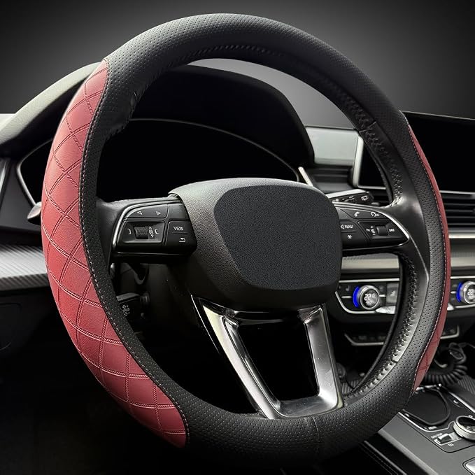 LKWLIKEI Nappa Leather Steering Wheel Cover,Elegant Diamond Checkered Design, Non-Slip wear-Resistant, Enhance Driving Comfort, Suitable for Steering Wheel Diameter 14 1/2‘-15’ Models