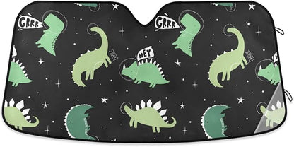 Dinosaur Windshield Sun Shade Blocks UV Rays Green Dino Visor Protector Accordion Folding Galaxy Black Sun Reflector Auto Sunshade for Car Truck SUV to Keep Your Vehicle Cool