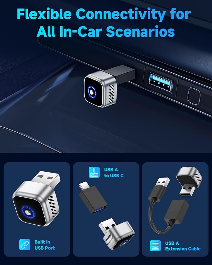 2026 Upgraded Wireless CarPlay Adapter – Stylish Blue Mini Size, Fast Auto-Link for iOS 12+ & Android 11+, Lag-Free Music & Navigation for 2016+ Autos