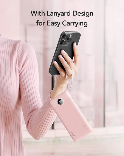 VRURC Portable Charger Power Bank, Built-in 4 Cables & 2 Ports,10000mAh Slim Battery Pack with LED Display, Travel Essential USB C Portable Phone Charger for All Cell Phones Devices-Pink(1 Pack)