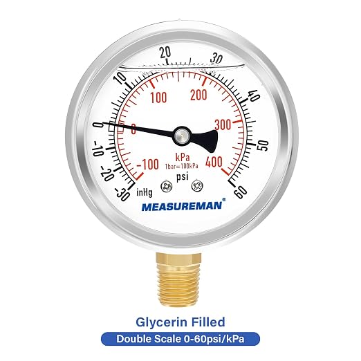 MEASUREMAN 2-1/2" Dial Size, Glycerin Filled Pressure Gauge, 30inHG-60psi, 304 Stainless Steel Case, 1/4" NPT Lower Mount