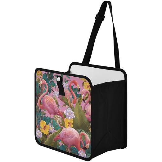 Car Trash Can Organizer Bin with Adjustable Strap for Back Front Seat Console Waterproof Leakproof Collapsible Portable 11 Inch Pink Romantic Tropical Flamingo and Plants