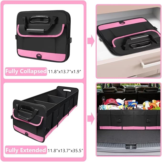 AOPHY Trunk Organizer for Car, 95L Large Capacity Trunk Storage with Non-Slip Bottom Strips, Cargo Organizer for Suv, Truck, Sedan, Waterproof Portable Car Organizers for Women Men(Pink)