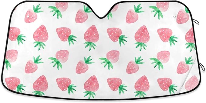 Fresh Strawberry Car Windshield Sun Shade Cute Pink Fruit Foldable UV Ray Sun Visor Protector Sunshade to Keep Your Vehicle Cool (55" x 27.6")