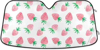 Fresh Strawberry Car Windshield Sun Shade Cute Pink Fruit Foldable UV Ray Sun Visor Protector Sunshade to Keep Your Vehicle Cool (55" x 27.6")