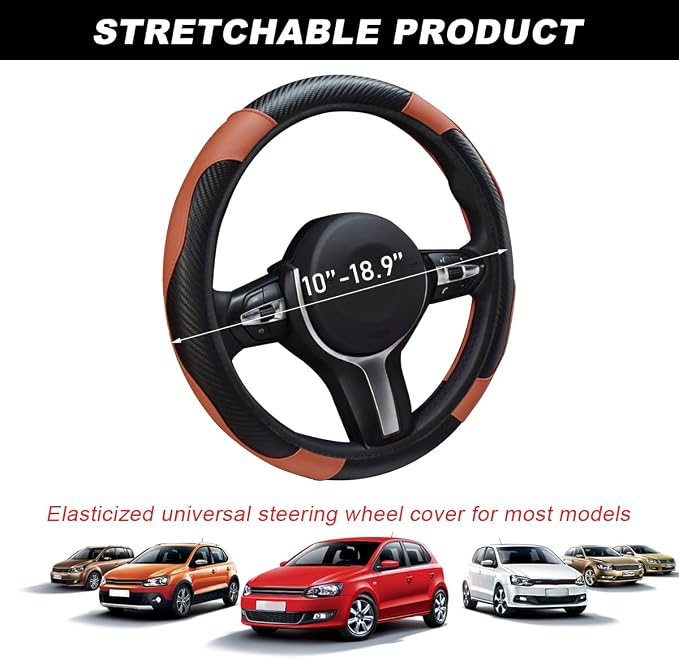 DXNQ Car Steering Wheel Cover, 15 Inch Carbon Fiber Leather Stitching Color Steering Wheel Protector, Anti-Slip Elastic Breathable Steering Wheel Cover Stylish Decor for Most Cars (Black & Coffee)