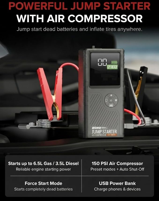 Jump Starter with Air Compressor, Portable Car Battery Booster for Dead Batteries, 150 PSI Tire Inflator – Starts Up to 6.5L Gas / 3.5L Diesel Engines, Power Bank, LED Display – DSMDAutos