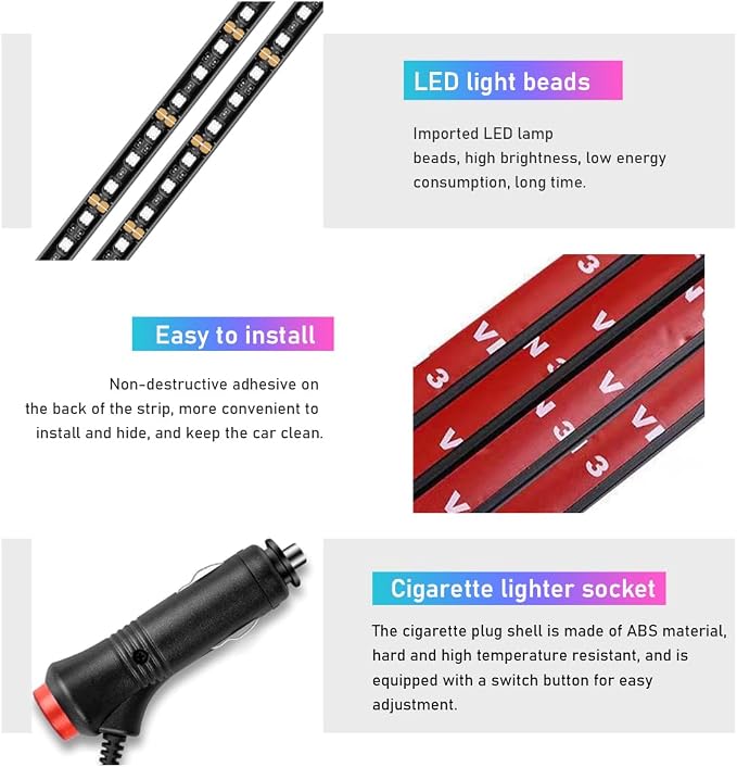 Ohleats Car LED Strip Light, 48 LED RGB Auto Interior Atmosphere Lights, Cigarette Lighter Under Dash Ambient Night Light, Interior Lamp Lighting Kit (White, Cigarette Lighter)