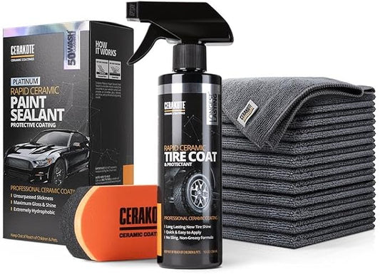 CERAKOTE Exterior Care Bundle - Rapid Ceramic Tire Coat (10 oz. Kit) with Rapid Ceramic Paint Sealant (14 oz. Kit) and Microfiber Application Towels - Coat and Protect Your Vehicle