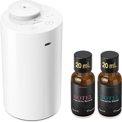 Airversa Waterless Essential Oil Diffuser Starter Kit with 2x20mL Hotel Fragrance Oils, Cordless Nebulizer for Car Home Office, Up to 600 sq ft, Mist/Timer Settings, Baterry Operated, AN6Kit-B, White