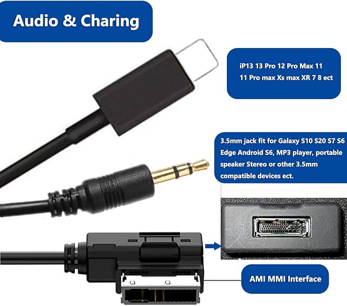 MMI MDI Aux Charing Cable 3.5 mm Music Adapter for Merced-ES Ben-z, Compatible with IP 14 13 12 11 Pro Max Xs Max XR 8 7 6
