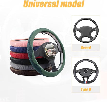Car Steering Wheel Cover, Microfiber Breathable Ice Silk Leather Steering Wheel Cover Soft Anti-Slip Safety, 15inch Four Season Universal Fits for Most Truck,SUV,Cars (Black Ice Silk)