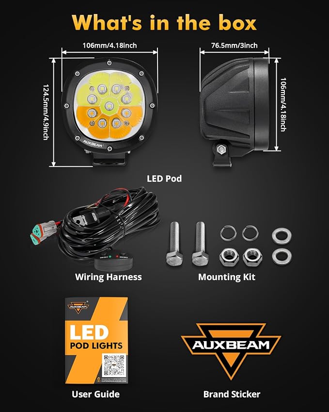 Auxbeam P4 Series Dual Color Round Strobe Light Pods 4-Inch 90W | Memory function flashing offroad lights, amber white 6-mode fog lights, automotive warning spot light bar