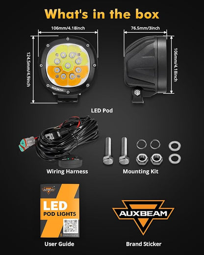 Auxbeam P4 Series Dual Color Round Strobe Light Pods 4-Inch 90W | Memory function flashing offroad lights, amber white 6-mode fog lights, automotive warning spot light bar