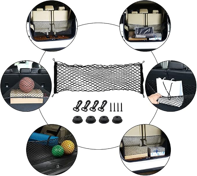 Car Rear Cargo Net, Universal Adjustable Elastic Trunk Cargo Storage Organizer Net Compatible for SUV, Jeep, Truck, Storage Nylon Mesh Double-Layer with Hooks (35.4 x 15.7 Inch)